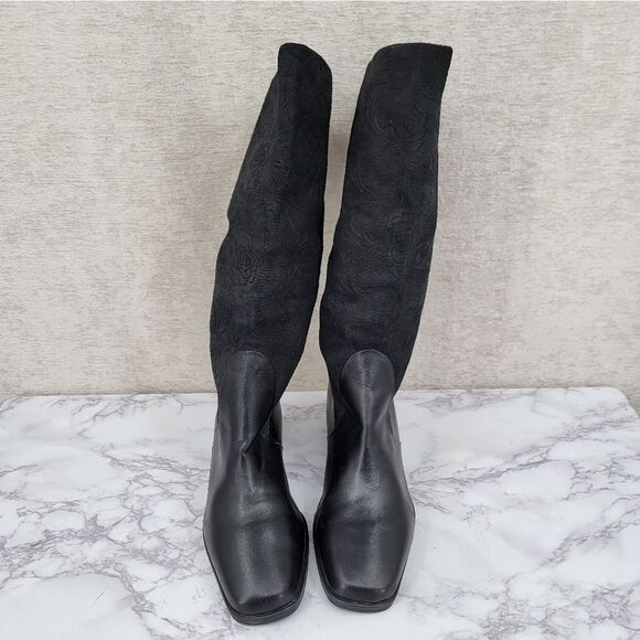 Makron Suela Black Leather and Floral Suede Semi Slochy Women's Boots - Picture 4 of 15